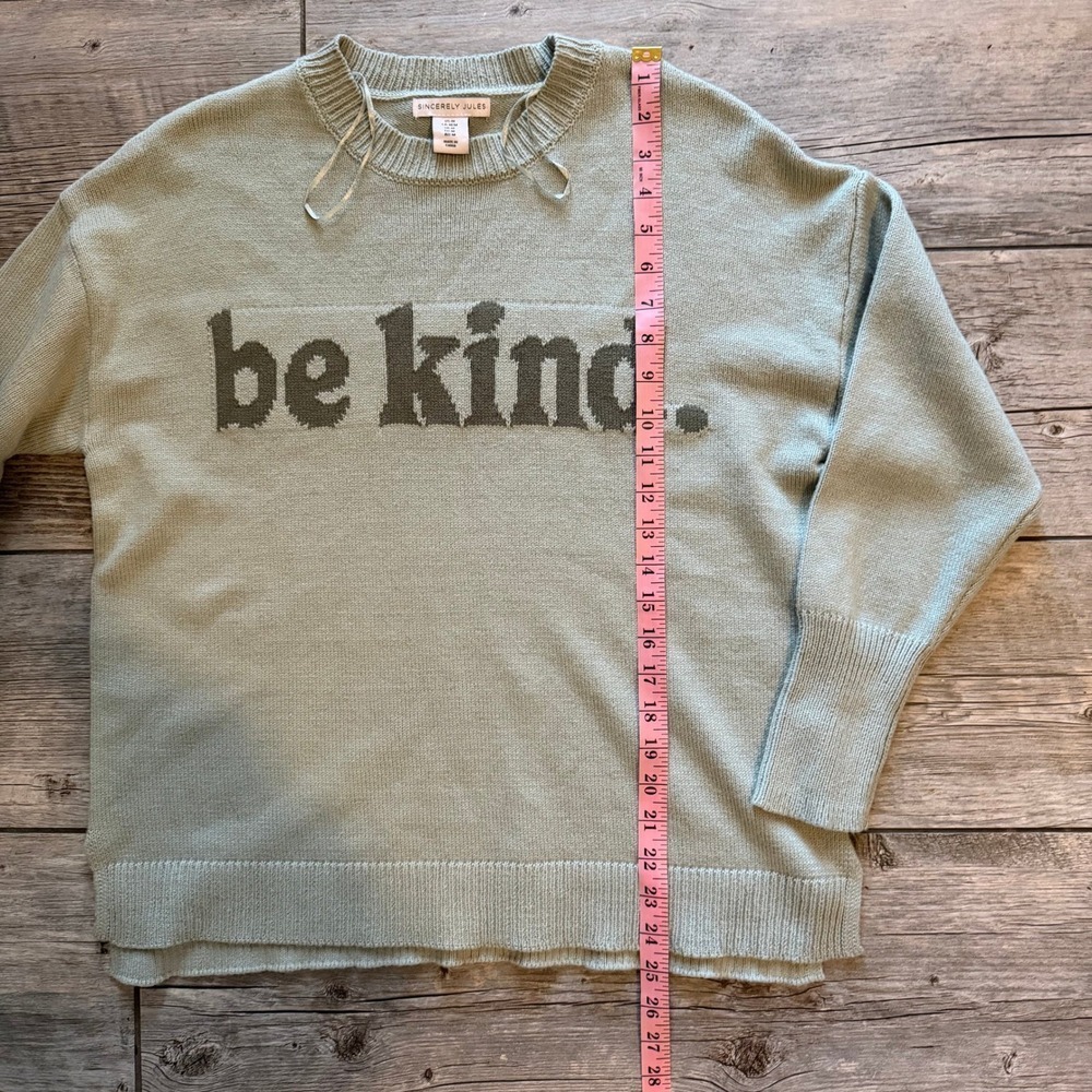 Sincerely Jules Be Kind Crewneck Sweater Light Green Knit Pullover Medium - Picture 8 of 9